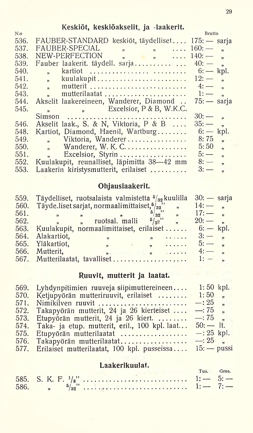 ... 160: 75: 35: N:o Keskiöt, keskiöakseiit, ja -laakerit. 536. FAUBER-STANDARD keskiöt, täydelliset... 175: sarja 537. FAUBER-SPECIAL, 538. NEW-PERFECTION 140:... 539. Fauber laakerit, täydell.