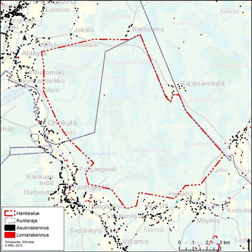 OX2 Wind Finland Oy 6.3.2015 103 (125) 5.13.3 Vaikutukset Kuva 44. Asuin- ja lomarakennukset hankealueen läheisyydessä.