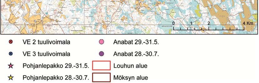 6 Aktiivikartoituksessa havaittiin toukokuun lopulla 28 pohjanlepakkoa. Havainnot ajoittuivat kello 00:25 02:19 välille.