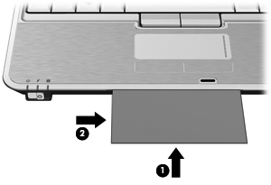 4. Aseta käyntikortti tietokoneen edessä olevaan käyntikorttipaikkaan (1) ja kohdista se verkkokameraan työntämällä sitä oikealle (2).