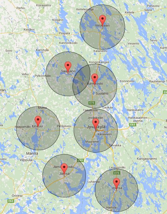 Simulointi koko väestö 7 hyvinvointikeskusta Nykytila / saavutettavuus 89,8 % 2030 / saavutettavuus 92,5