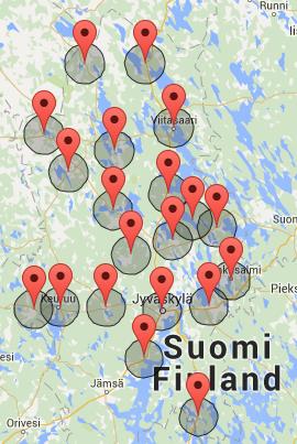 Simulointi koko väestö 20 hyvinvointikeskusta 2014 / saavutettavuus 92,6% 2020 / saavutettavuus 92,9% 2025 / saavutettavuus 93,3%?