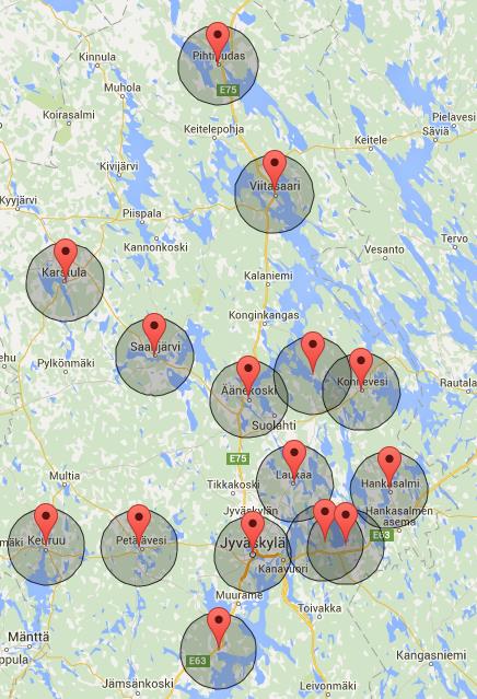 Simulointi yli 75 vuotiaat 15 hyvinvointikeskusta 2014 / saavutettavuus 88,6 % 2020 /