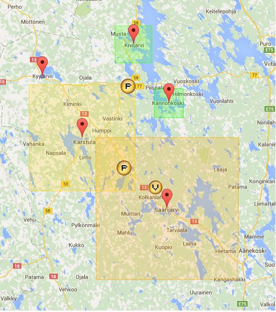 Saarikka lastenneuvola Palvelukohtainen optimointi Saarikka / lastenneuvola marker V- => tarkoittaa kohtaa, johon väestön perusteella optimitavalla sijoitettaisiin neuvola (siis puhtaasti