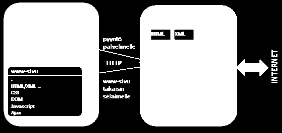 Internet o verkkojen verkko o Infrastruktuuri World wide webille Käyttäjän kannalta ajateltuna o palvelimet (servers), joissa toimii palvelinohjelmisto o asiakastietokoneet