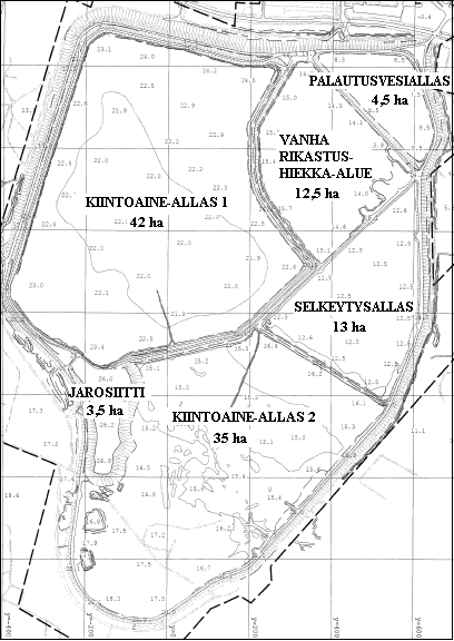 29 Kuva 9. Nykyinen rikastushiekka-alue (Finn Nickel Oy 2008). Rikastushiekka-aluetta kiertää ympärysoja, joka jakautuu itäiseen Kiireenojan haaraan sekä läntiseen haaraan eli Ryysynojaan.