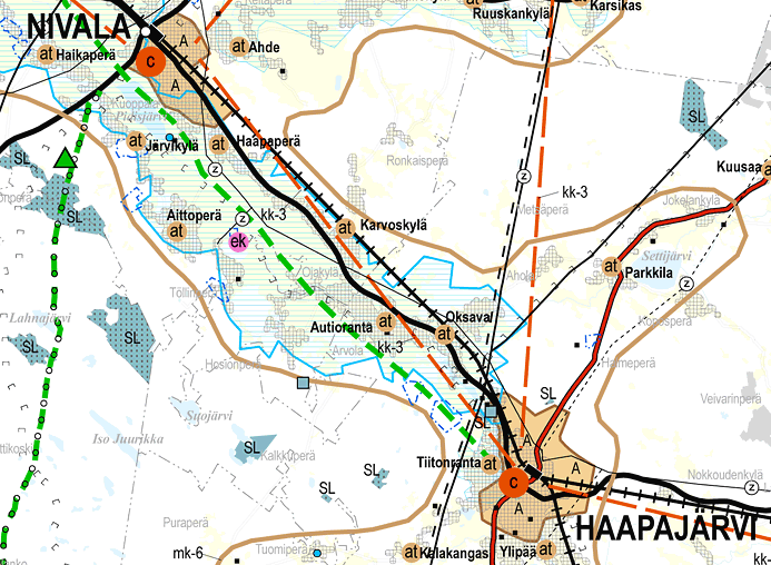 64 Kuva 15. Ote Pohjois-Pohjanmaan maakuntakaavakartasta (Pohjois-Pohjanmaan liitto 2013a). Kopsan suunnitteilla olevan hankealue sijaitsee Haapajärven keskusta-alueen luoteispuolella. 9.
