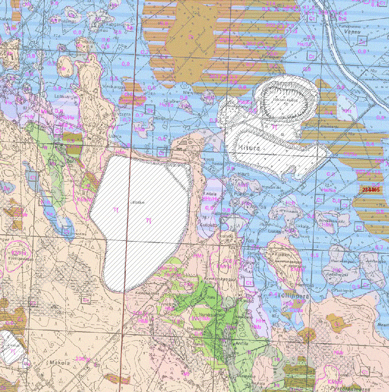 71 Kuva 20. Hituran kaivosalueen maaperäkartta (GTK). Kartassa sininen on savi, vaaleanruskea moreeni, tummanruskea turve, vaaleanvihreä hieta, tummanvihreä hiekka.