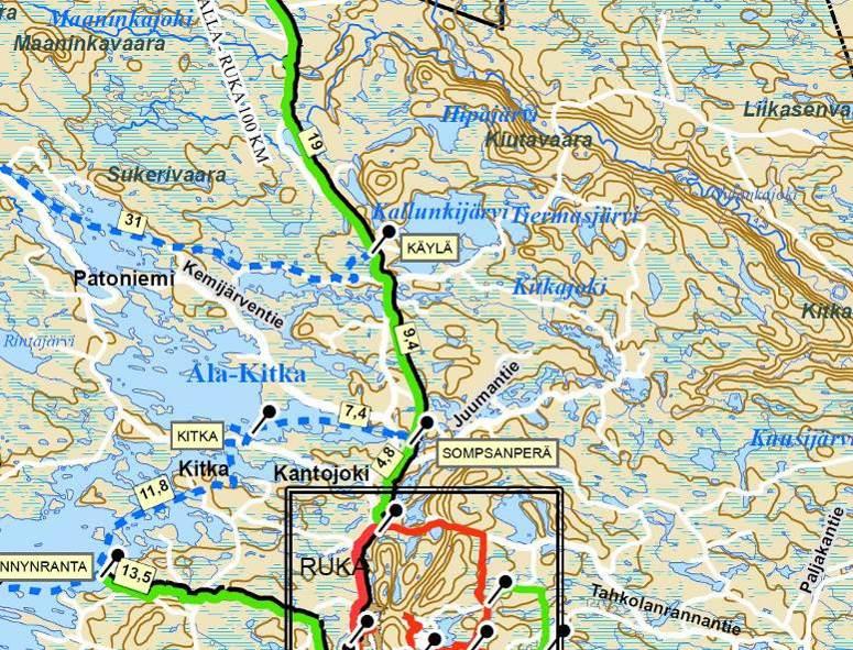 KITKANMUTKAN RANTA-ASEMAKAAVA 12 ************************** Alue on Rukan välittömässä läheisyydessä, joten sen monipuoliset latu-, kelkka-, retkeily- yms. reitit ovat lähellä.