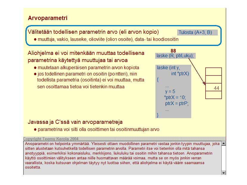 Arvoparametri Välitetään todellisen parametrin arvo (eli arvon kopio) Tulosta (A+3, B) muuttuja, vakio, lauseke, olioviite (oli on osoite), data- tai koodiosoitin Aliohjelma ei voi mitenkään muuttaa