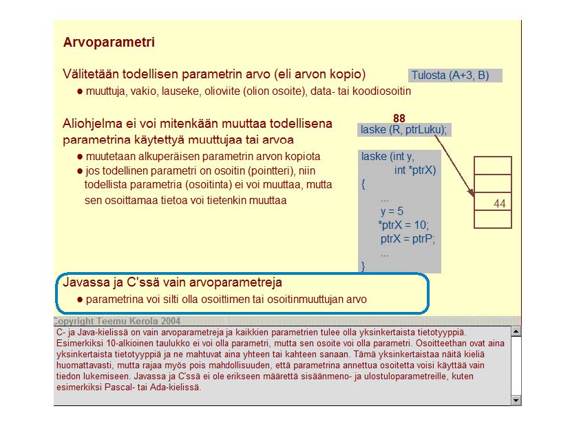 Arvoparametri Välitetään todellisen parametrin arvo (eli arvon kopio) Tulosta A+3 B) muuttuja, vakio, lauseke, olioviite (oli on osoite), data- tai koodiosoitin Aliohjelma ei voi mitenkään muuttaa