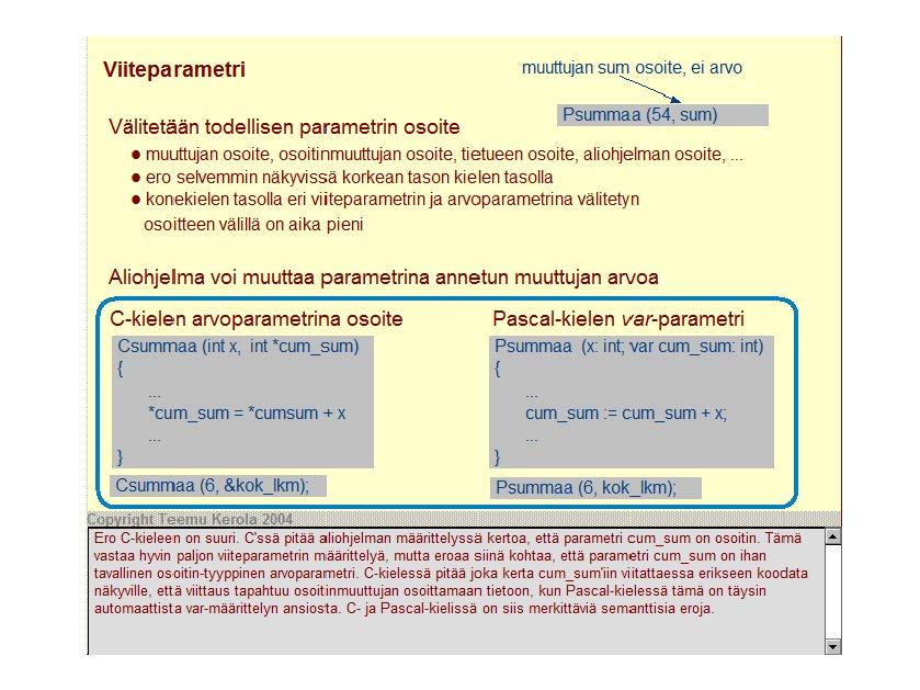 Viitepa rametri muuttujan sum osoite, ei arvo ~ Psummaa (54, ~s u~m~)---. Välitetään todellisen parametrin osoite muuttujan osoite, osoitinmuuttujan osoite, ti etueen osoite, aliohjelman osoite,.