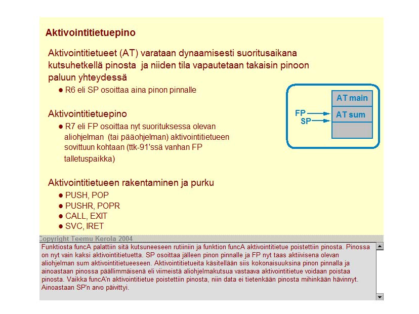 Aktivoi ntitietuepi no Aktivointitietueet (A T) varataan dynaamisesti suoritusaikana kutsuhetkellä pinosta ja niiden tila vapautetaan takaisin pinoon paluun yhteydessä R6 eli SP osoittaa aina pinon
