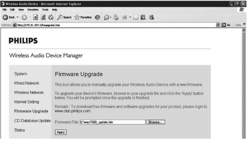 13.1 Firmwaren päivitys Laitteen mukana toimitettu PC Installer CD Wireless Audio Device Manager (WADM) auttaa päivitysten hakemisessa WACS7000-keskukseen ja asemaan.