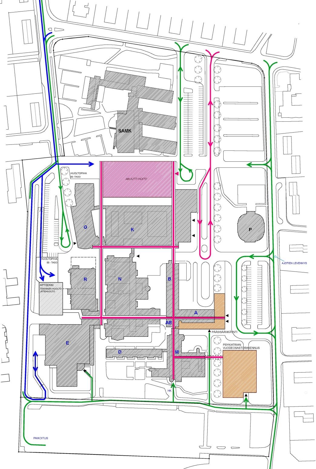 Uuden päivystyssairaalan laajennuksen, pääsisäänkäynnin ja psykiatrian vuodeosastorakennuksen sijainnit sekä sairaalan sisäinen liikenneverkosto 1.