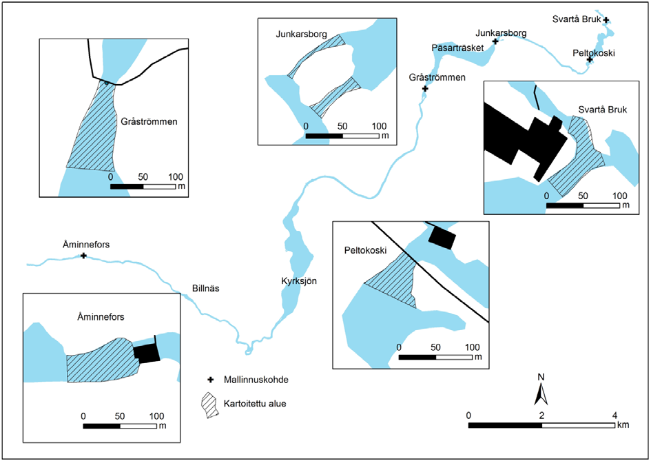 2. Tutkimusalueet Mustionjoen pääuomassa on viisi potentiaalista lohelle sopivaa virtapaikkaa (kuva 1.). Kuva 1. Mustionjoen virtapaikkojen tutkimusalueet. 3.
