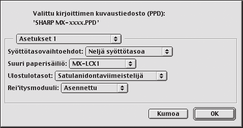 MAC OS 9.0-9.2.2 10 Valitse PPD-tiedosto. 13 Valitse laitekonfiguraatio. (1) (2) (1) (1) Napsauta mallisi PPD-tiedostoa. (2) Napsauta [Valitse]-painiketta.