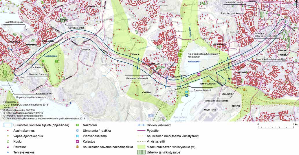 Seuraavassa kuvataan linjausvaihtoehtojen lähiasutusta, elinoloja ja virkistyskohteita nykytilanteessa. 15