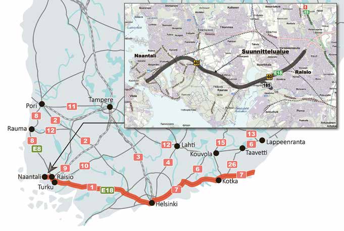 1. Hanke 1.1. Suunnittelualue E18 Turun kehätie (kantatie 40) on osa Suomen tärkeintä päätieyhteyttä. E18 kulkee Naantalista ja Turusta pääkaupunkiseudun kautta Vaalimaalle.