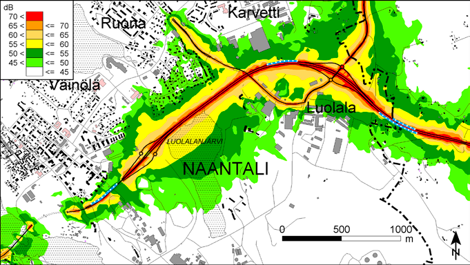 tävää toimintaa tai alue on muutoin melun vaikutus- nykytilanteeseen niiden melusuojaus toteutettuna. malistontien itäpuoli (pl 60) Ruonan yhdystie sekä 6.3.2. Naantalin vaihtoehto 0+ alueella.