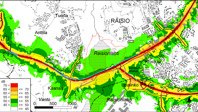 6.3.6. Raision vaihtoehto 0 6.3.8. Raision vaihtoehto 1 Raision melutilanne vaihtoehdossa 0 vuonna 2040 on esitetty liitteen 3 kuvissa 19 ja 20.