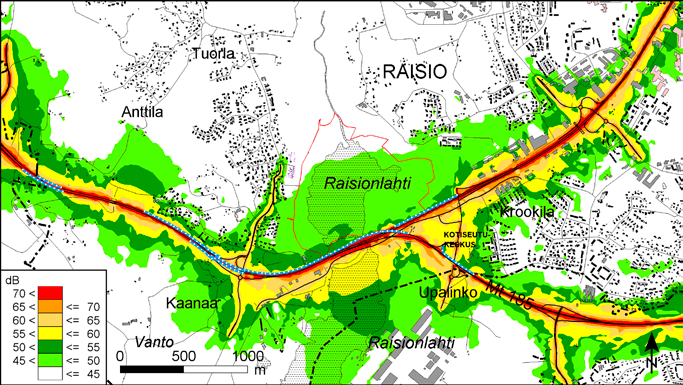 6.3.9. Raision vaihtoehto 2 Raision vaihtoehdon 2 melutilanne ilman meluesteitä on esitetty liitteen 3 kuvissa 29 ja 30 ja meluestein kuvissa 31 ja 32.