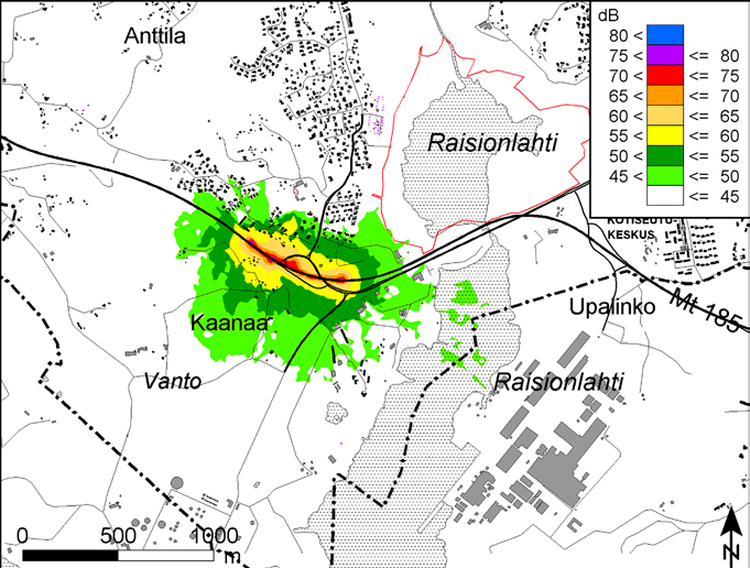 melualueille jää vain kuusi. Raisionlahdella saavutetaan vielä hieman parempi melutilanne kuin 80 km/h rajoituksella vaihtoehdossa 2. ta.