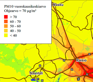 Kuvassa 52 on esitetty kaikkien päästölähteiden (autoliikenne, laivat, teollisuus) aiheuttama vuorokausiohjearvoon verrannollinen pitoisuus.