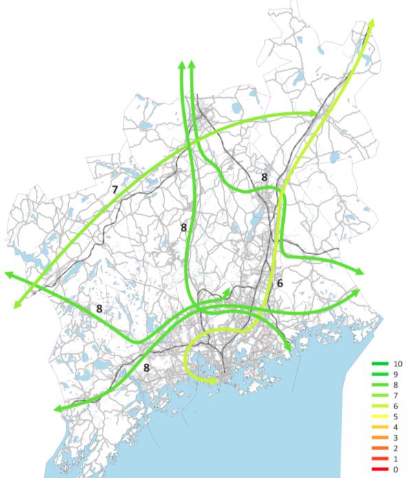 83 8 Yhteysvälianalyysit Jaksokohtaisten analyysien lisäksi on tarkasteltu logistisesti ja valtakunnallisesti tärkeitä yhteysvälejä, joista on etsitty pidempien reittien palvelutason