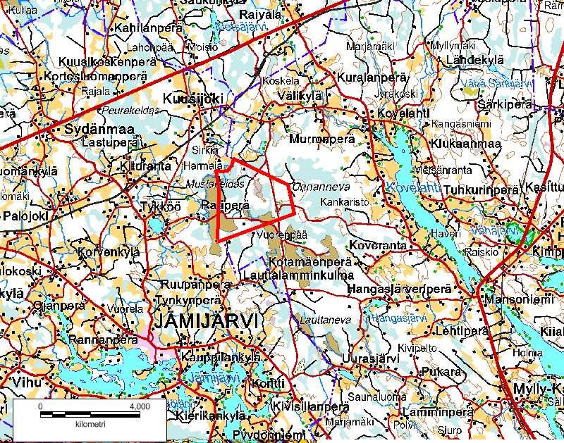 Kuva 1 Sijaintikartta (kaavoitettava alue on rajattu punaisella). Kuvaus Alueella on pääasiassa havu- ja lehtimetsää, metsäistä suota ja kalliota.