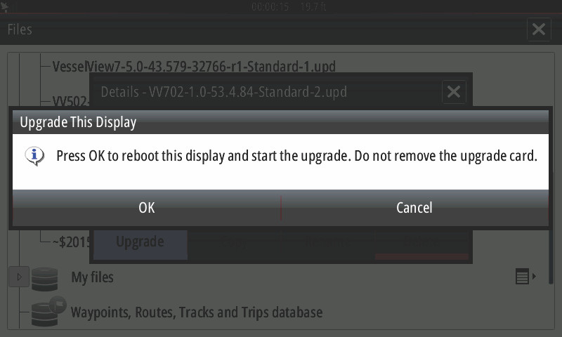 7. Valitse Details (tiedot) -ikkunasta Upgrade (päivitys). 8. Valitse Upgrade this Display (päivitä tämä näyttö) -ikkunassa OK. VesselView näyttää päivityksen etenemistä kuvaavan edistymispalkin.