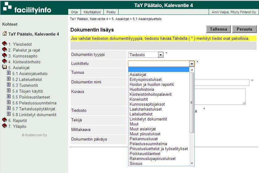 ajantasalle, liittää uudet dokumentit ja poistaa vanhaan laitteeseen liittyvät asiakirjat, kuten tekniset esitteet. 5.2.
