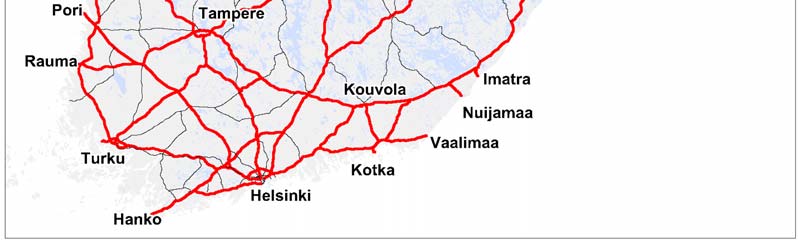 Liikenneviraston ohjeita 38/2013 9 Turku Tie Tieosat vt 1 3 36 vt 2 1 51 vt 3 1 252 vt 4 101 449 vt 5 113 217 vt 6 116 349 vt 7 1 42 vt 8 101 439 vt 9 101 325 vt 10 26 31 vt 12 101 233 vt 13 239 241