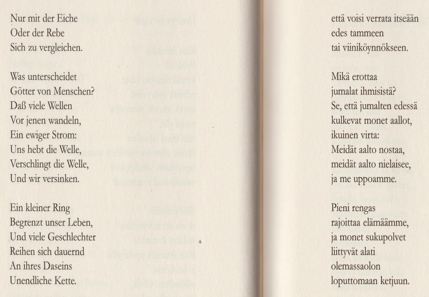 27 Kuva 7. Näyte aineiston ulkopuolisesta Jälkisointuja: Goethen kirkkaimmat runot -kustanteesta. (Goethe 2013: 54 55.