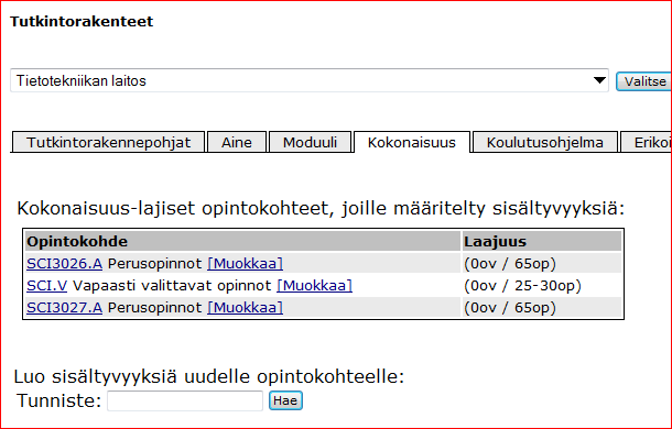 Tilanne välilehdellä aine, kun tutkintorakennepohjaa varten tarvittaville aineille on luotu sisällöt. Huom!