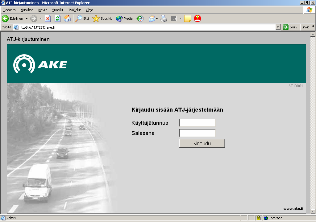 Kirjautuminen REKI -järjestelmään Sisään kirjautuminen ATJ:ään (Ajoneuvoliikenteentietojärjestelmään) tapahtuu internetin kautta osoitteesta https://atj.ake.
