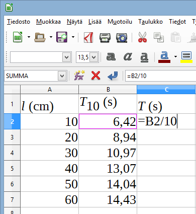 Esim. LibreOfficen Calc-taulukkolaskentaohjelma Oppitunnilla tutkittiin, miten heilurin pituus vaikuttaa heilurin heilahdusaikaan.