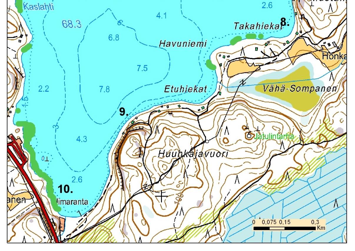 Liitekuva. Kasvillisuuskuvauspisteiden (numerot 1 12) sijainti Sompasella.