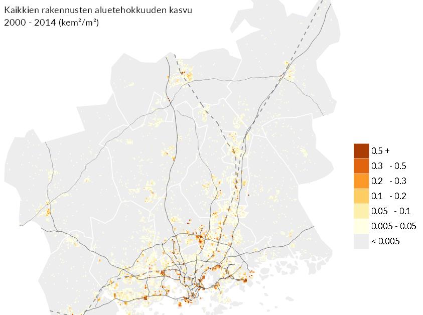 13 Kartta 2.3: Rakentaminen (kaikki käyttötarkoitukset) Helsingin seudulla vuosina 2000 2014. Tietojen lähde: YKR.