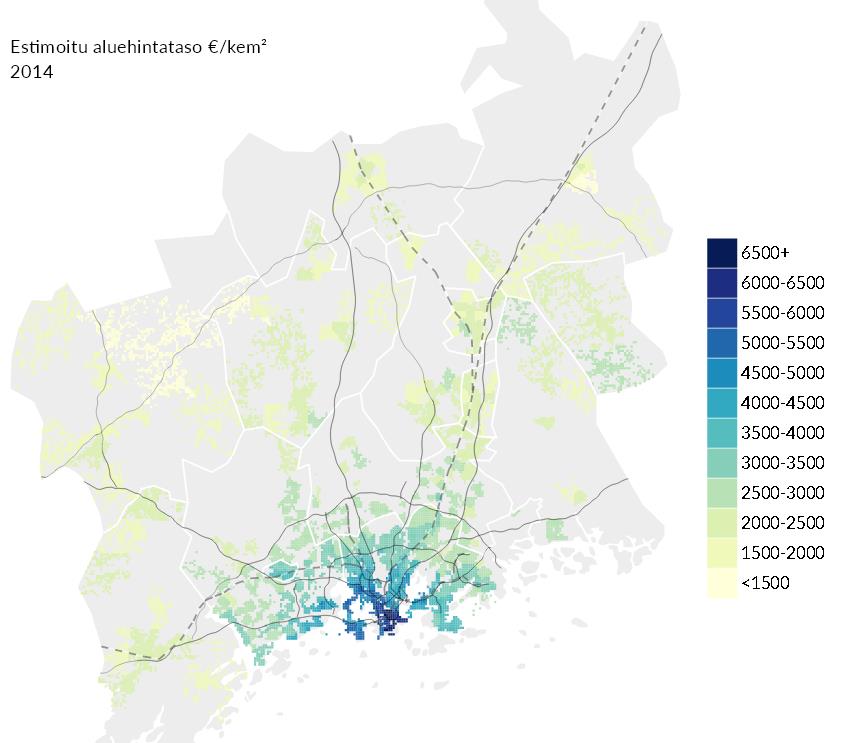 21 Estimoitu aluehintataso /m 2 2013 Kartta 4.1: Asuntojen estimoitu aluehintataso Helsingin seudulla 4 v. 2013. Tietojen lähde: Laakso 2015. Huom.