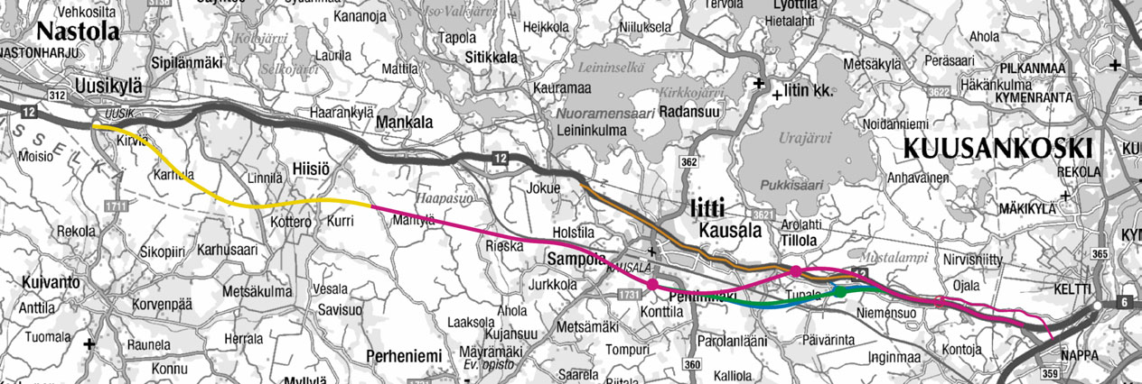 Vt 12 parantaminen välillä Jokue Suvioja Vaihtoehdot 1a, 1b ja 1c ja 0+ MERKINNÄT: yleissuunnitelma Uusikylä Jokue VE 1a eritasoliittymät VE 1b VE 1c VE 0+ pohjakartta Genimap