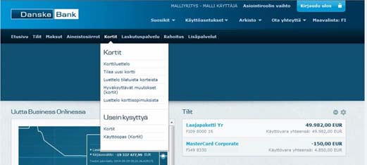 Business Online Korttipalvelu Yleistä Business Online sopimuksen Korttimoduulissa voit katsoa yrityksesi korttisopimuksia ja korttien tietoja. Osio sisältää lisäksi käyttövaltuuksien hallinnan.