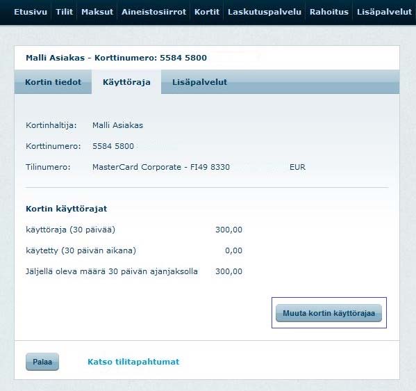 eikä ole mahdollista luoda uutta tunnuslukua olemassa olevalle kortille. Kortti toimitetaan sopimuksessa sovittuun osoitteeseen, jonka löydät korttisopimuksen luettelolta.