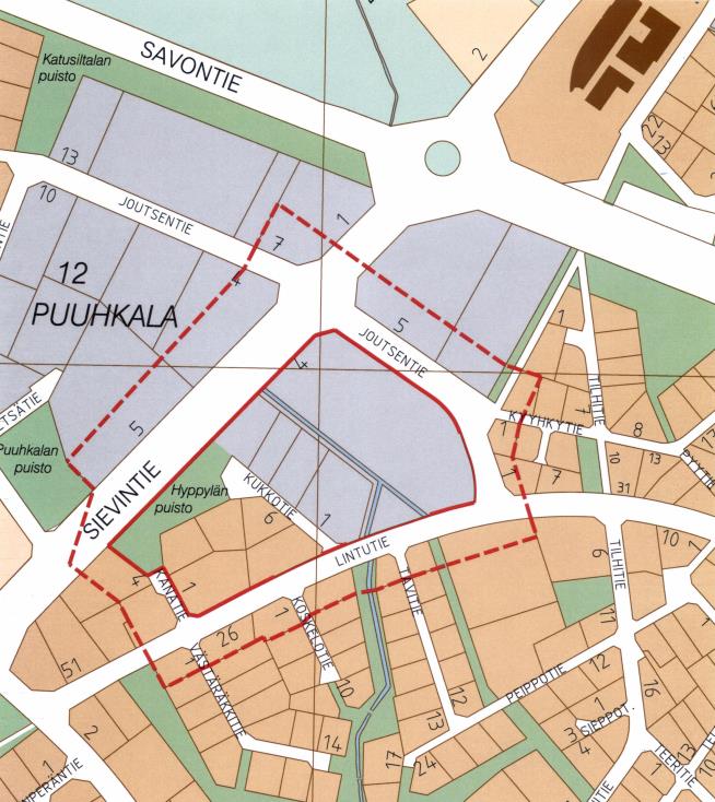 YLIVIESKA Asemakaavan muutos koskee Toivonpuiston (9.) kaupunginosan kortteleita 85-87 sekä puisto- ja katualueita.