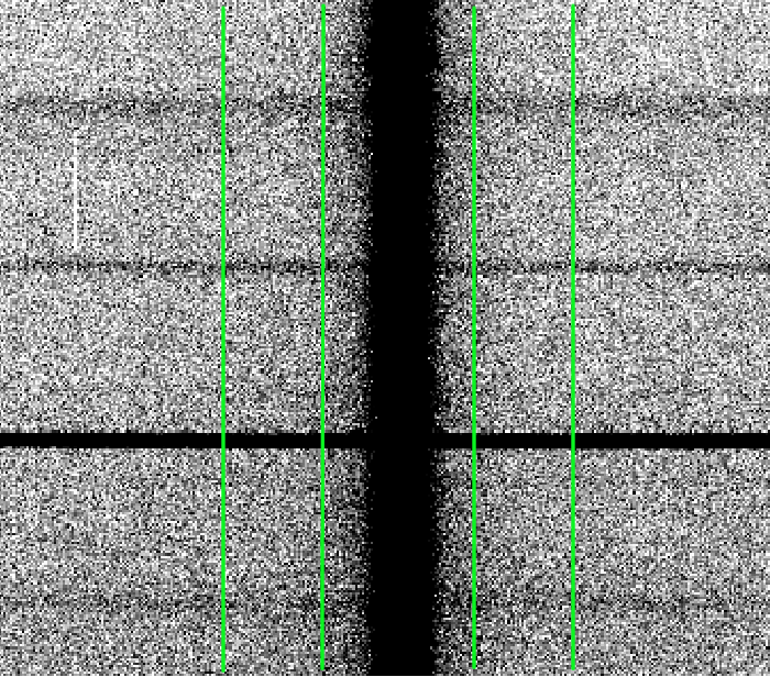 Kuva 8: Zoomaus kohteen spektriin. Vihreät pystyviivat osoittavat alueen, josta taustataivaan määritys kannattaa tehdä. ja editoi parametrit kuvan 9 mukaisiksi.