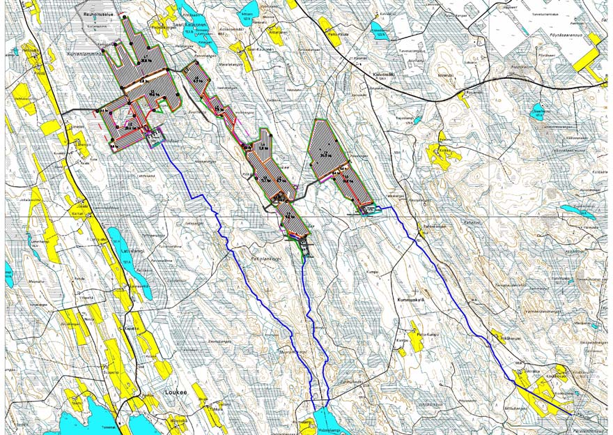 Kuva 4. Pekolanaukeen alustava tuotanto ja vesisuojelusuunnitelma. Yhdellä jyrsinnällä irrotettua turvemäärää sanotaan sadoksi.