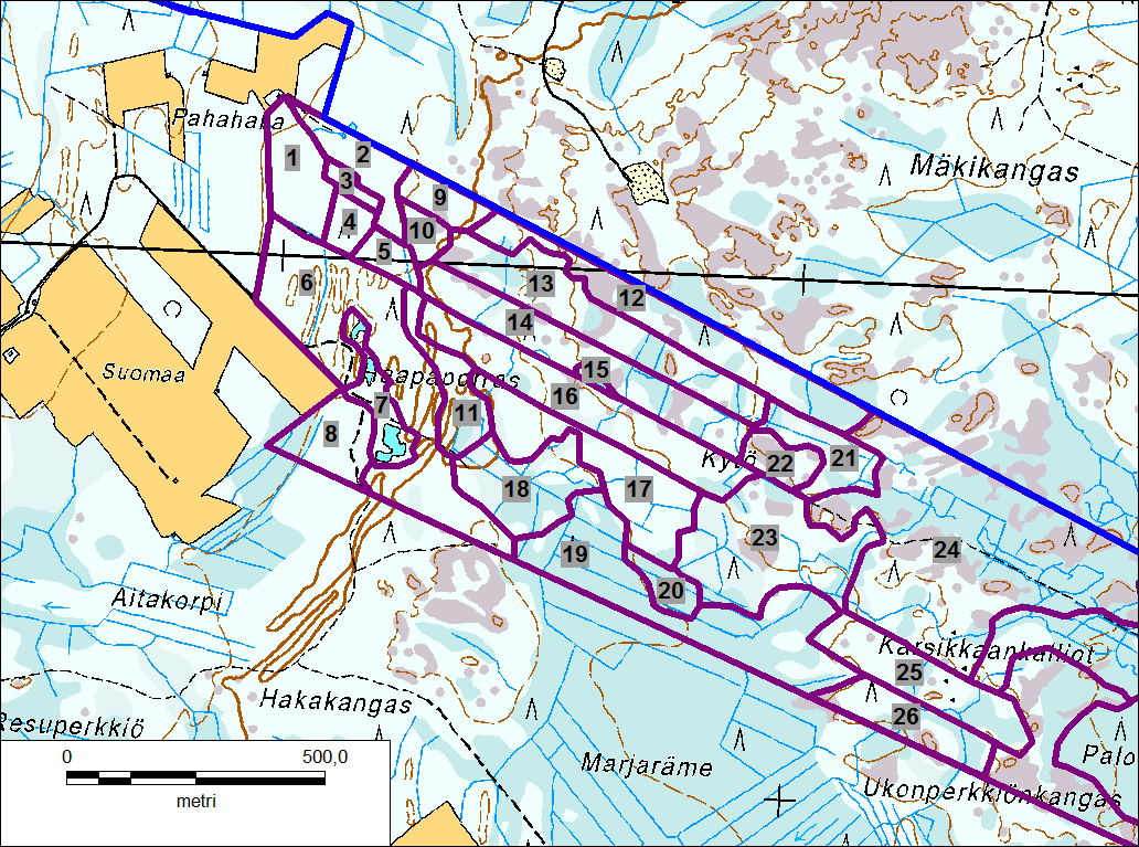 Kuva 10. Mäkikankaan laajennusalueen yleiskuvauksessa käytetyt osa-alueet 1 23. Tuulipuisto on rajattu sinisellä ja laajennusalue sinipunaisella viivalla.