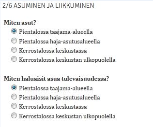 Vastaajien asumismuodot: Noin 36 % asuu pientalossa taajama-alueella Noin 29 % asuu kerrostalossa keskustan ulkopuolella Noin 24 % asuu kerrostalossa keskustassa Noin 11 % asuu pientalossa