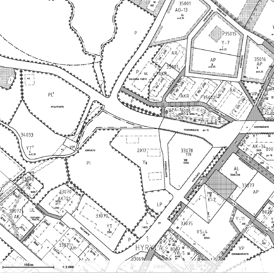 pysäköintiin osoitettu alue(lp), sekä puistoalue(p). Kaava-alue rajautuu katualueisiin (Hyryläntie ja Suutarintie).