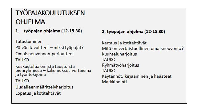 Kuvio 7. Työpajakoulutuksen ohjelma Työpajoissa avataan aluksi käsite vertaistuellinen omaisneuvonta ja pohditaan työparityöskentelyn mahdollisuuksia.